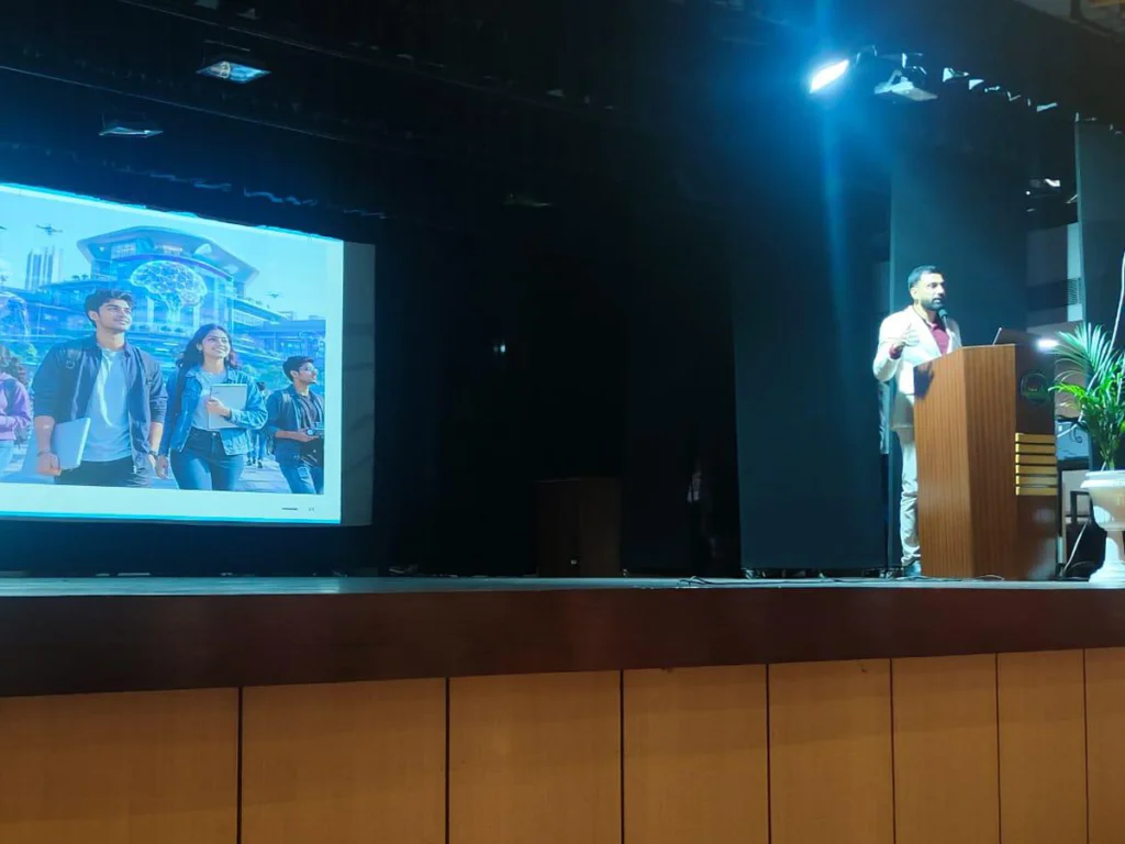 Dr. Sabyasachi Saha addressing new students from the podium at the Orientation Programme 2026, Dr. B.C. Roy Engineering College, Durgapur