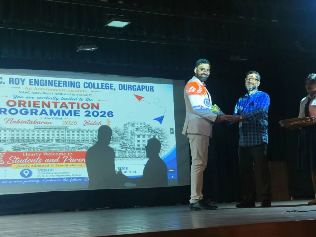 Dr. Sabyasachi Saha being welcomed on stage at the Orientation Programme 2026, Dr. B.C. Roy Engineering College, Durgapur