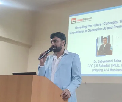 Dr. Sabyasachi Saha presenting on generative AI and prompt engineering at Nopany Institute of Management Studies